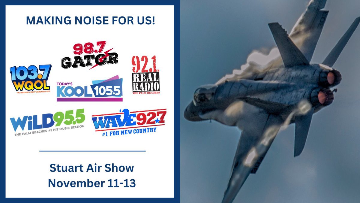 NOISE ALERT! Starting today, you'll hear the SOUNDS OF FREEDOM in the skies above Stuart!

<a href="/DiscoverMartin/">DiscoverMartin</a> <a href="/CityofStuartFL/">City of Stuart</a> <a href="/iHeartRadio/">iHeartRadio</a> <a href="/gator987fm/">98.7 The Gator</a> <a href="/RealRadio921/">Real Radio 92.1</a> <a href="/1055online/">KOOL 105.5</a> <a href="/WiLD955/">WiLD 955</a> @1037WQOL <a href="/WAVE927/">Wave 92.7</a> #soundoffreedom #noisealert