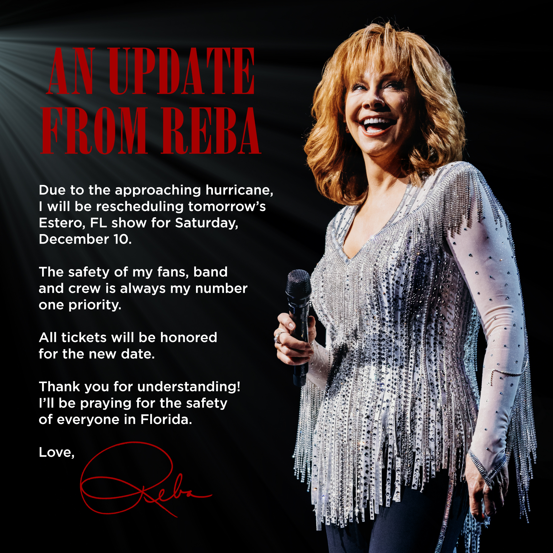 Reba McEntire on Twitter "An update on tomorrow night's show in Estero