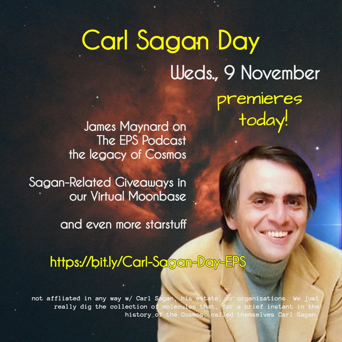 CompanionCosmic's tweet photo. Happy Carl Sagan Day! 

I am on the EPS Podcast, talking with host Eric Paul about the legacy of Carl Sagan and Cosmos! 

https://t.co/KdGc61jPqy

@TheEpsPodcast 
#carlsagan #carlsaganday #science #astronomy #STEM #STEAM #scienceeducation #Cosmos https://t.co/YKtesC4V9L