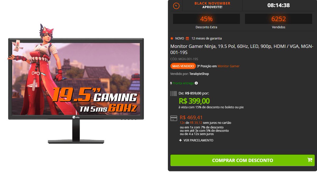 Terabyte on Twitter "⚠PROMOÇÃO!!⚠ Monitor Gamer Ninja, 19.5 Pol, 60Hz