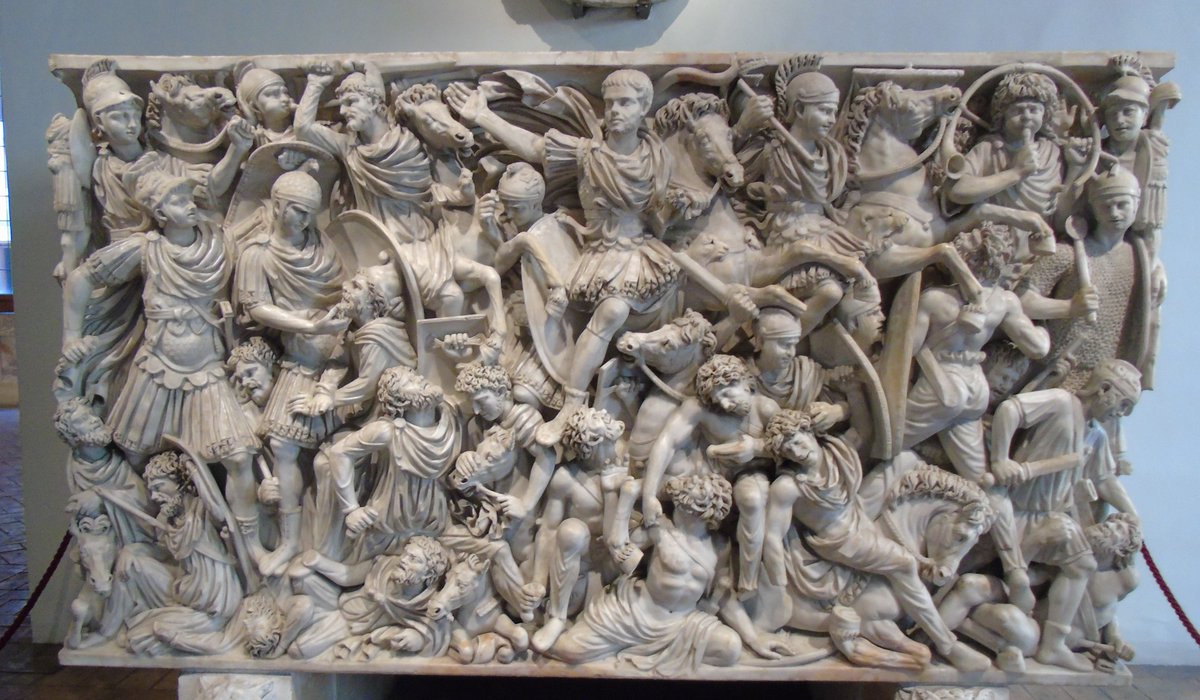 The spectacular Ludovisi Battle sarcophagus, one of the most ornate surviving pieces of #Roman funerary art. Carved in marble, the relief depicts a battle between Romans &amp; 'barbarians', &amp; was likely made in the C2nd AD #ReliefWednesday #RomanArchaeology