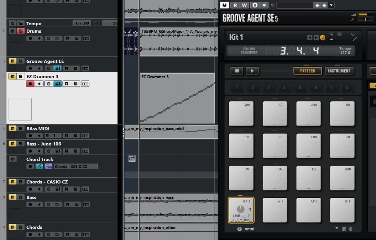 ScifiFunk's tweet image. Convert Drum Loops to Pro MIDI. Drop the Pattern that contains the pattern in GrooveAgent into an EZDrummer instrument track. Post 3 of 5. #cubase #grooveagentLE #ezdrummer