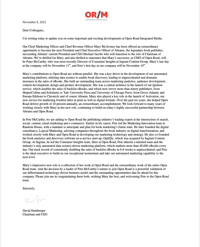 Open Road Media (@openroadmedia) on Twitter photo Open Road Integrated Media would like to congratulate our CMO/CRO <a href="/marymcaveney/">marymcaveney</a>, who will join <a href="/ABRAMSbooks/">ABRAMS Books</a> as President and CEO, and welcome our new CMO, Pete McCarthy, formerly of Ingram. More from CEO David Steinberger: Open Road Integrated Media would like to congratulate our CMO/CRO <a href="/marymcaveney/">marymcaveney</a>, who will join <a href="/ABRAMSbooks/">ABRAMS Books</a> as President and CEO, and welcome our new CMO, Pete McCarthy, formerly of Ingram. More from CEO David Steinberger: