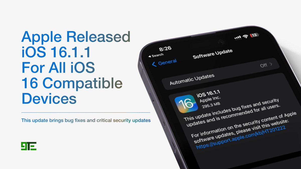 9techeleven's tweet image. Apple released iOS 16.1.1 for all supported iPhones. 
Apple also seeded iPadOS 16.1.1 and macOS 13.0.1.

Check More Here:
9techeleven.com/blog/2022/11/9…

#iOS1611 #iPadOS1611 #macOS1301 #softwareupdate