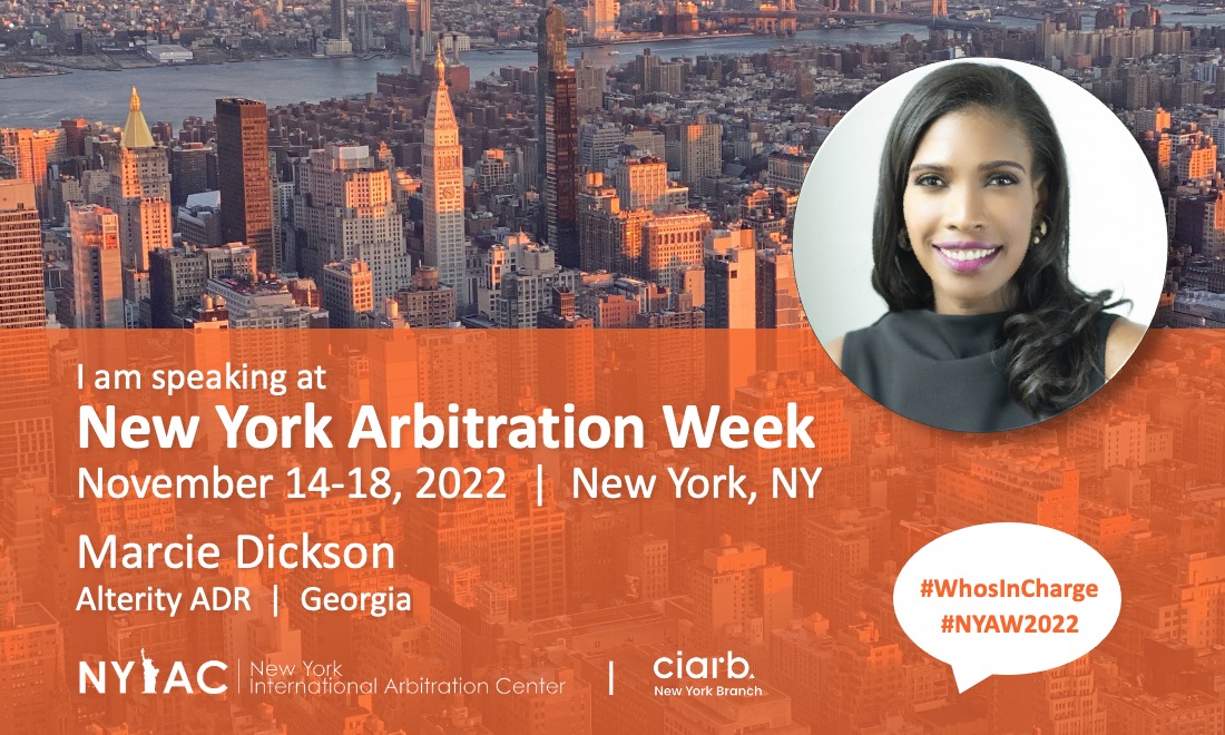 AlterityADR's tweet photo. Alterity CEO @MarcieDickson will speak next Thursday, 11/17, at New York Arbitration Week. Her topic: "Diversity, Equity and Inclusion Redux: The Myth of One Career Path?" To register in-person or virtual, visit here: https://t.co/a6ojIQU7oG https://t.co/B9jhaCLQ6M