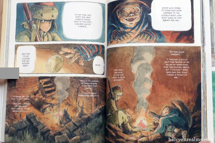 Miyazaki-san used many of the ideas and visuals from Shuna later on when he made Princess Mononoke. These few panels are almost a 1:1 match with the night scene where Ashitaka & Jigo share a meal and Jigo tells him about the Great Forest Spirit - 