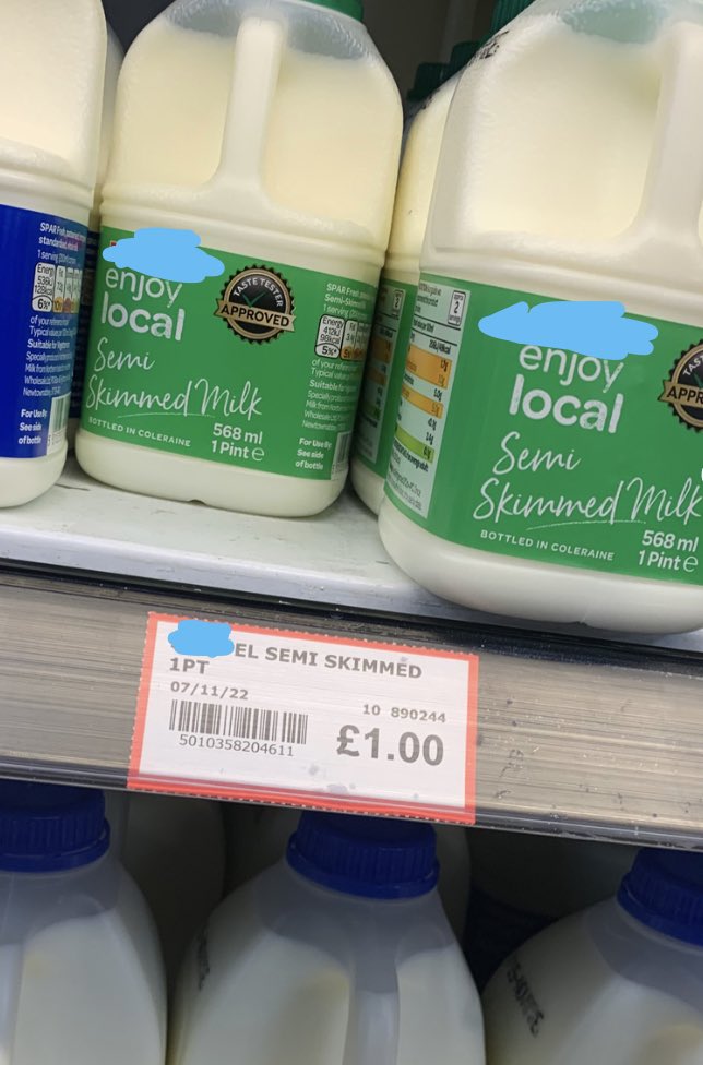6 weeks ago, a pint of milk 🥛 was 55p in the corner shop beside my workplace. This morning, in my local shop, it’s £1. What is going on???? 🤯 I hope the dairy farmer is getting the extra 45p for the amazing work they do, unfortunately, I doubt it. #CostOfLivingCrisis
