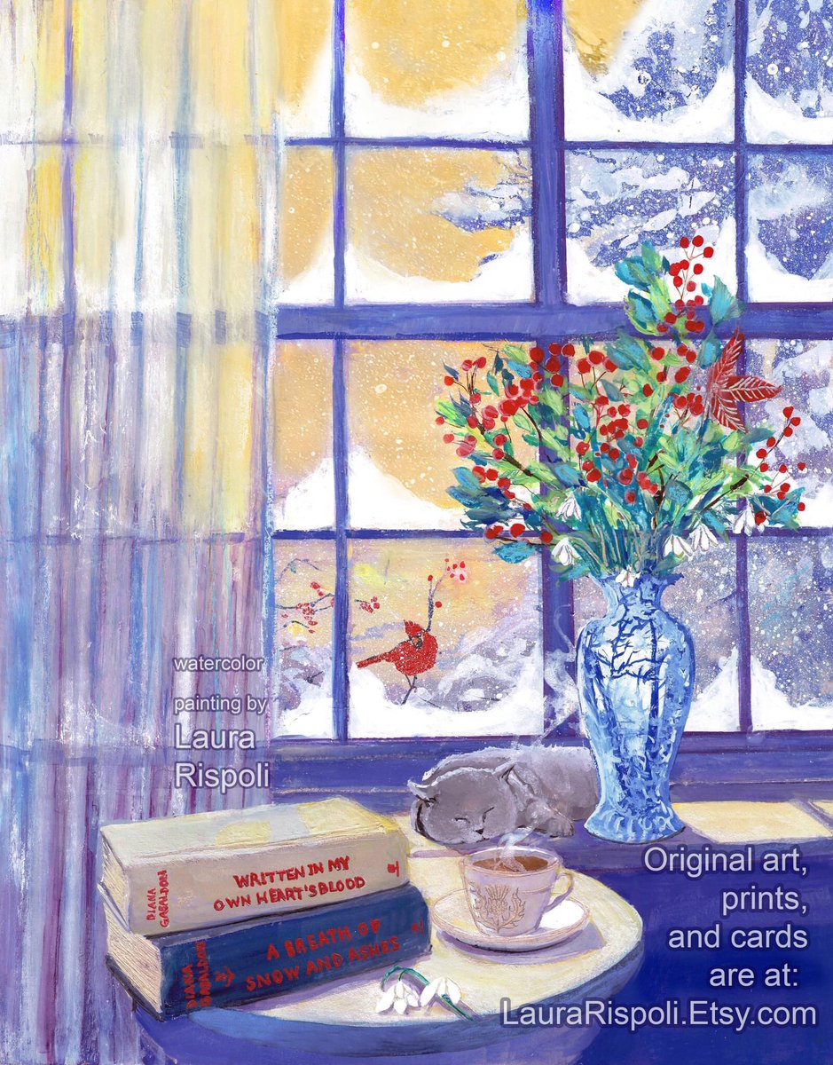 GIVEAWAY of a 4 pack of greeting cards of my #painting. #Outlander inspired💙2 of my fave Diana Gabaldon books by the window w/Adso. All you need to do, to enter: like, retweet, comment on this &amp; follow. I’ll announce the winner 11/11 at 11am ET thank you! LauraRispoli.Etsy.com