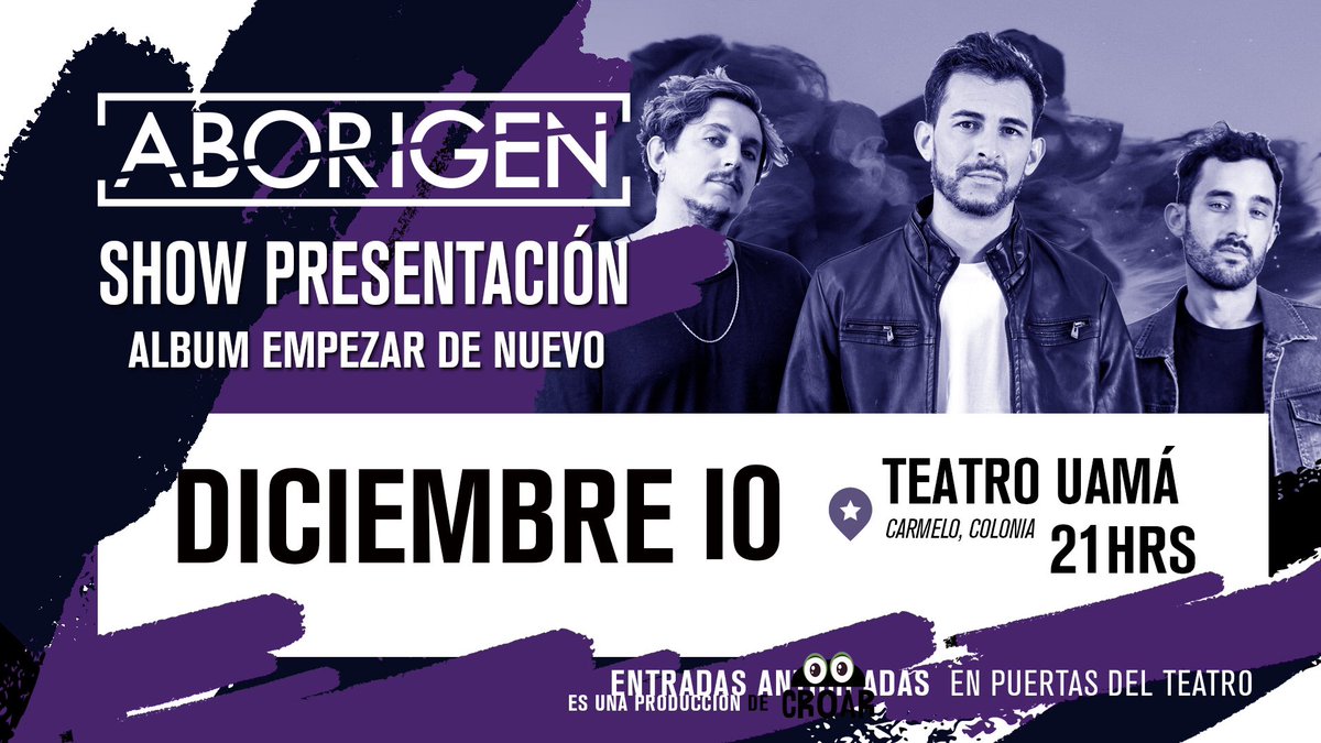 Aborigenuy's tweet photo. ¡Nuestra felicidad no para! El próximo sábado 10 de diciembre en el Teatro Uamá de Carmelo, vamos a estar presentando nuestro nuevo álbum. Un show que venimos preparando y que queremos compartir con ustedes! Las entradas están a la venta en boletería del teatro. ¡Nos vemos! https://t.co/tS7di5DnbP