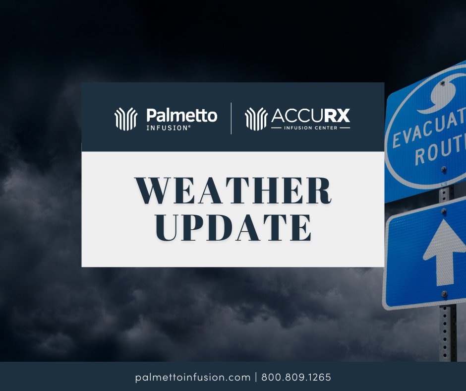 We are monitoring possible impacts from Tropical Storm Nicole. 

At this time, business across Palmetto Infusion/AccuRX remains operational. Should this change, Palmetto Infusion will reach out to you directly to reschedule.