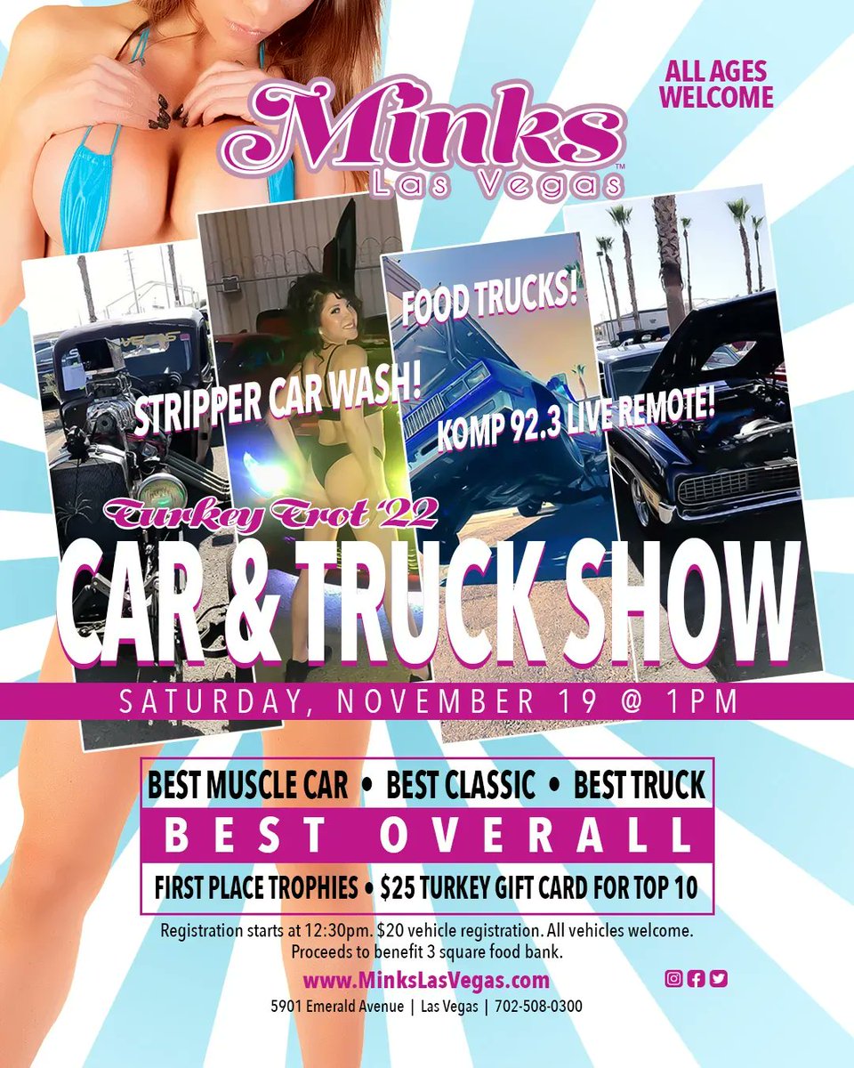 minkslasvegas's tweet photo. NOVEMBER 19, 1pm
CAR & TRUCK SHOW and Turkey Trot at #Minks
.
#CarShow #ClassicCar #LasVegasCarShow #LasVegasCarMeets #LasVegasCars #LasVegasCarScene #TurkeyTrot #3Square #bikinicarwash #LasVegasCarCommunity #FastCars #MuscleCars #HotRods #ThingsToDo #LasVegas #Henderson #EastLV https://t.co/rroEKJFVzJ