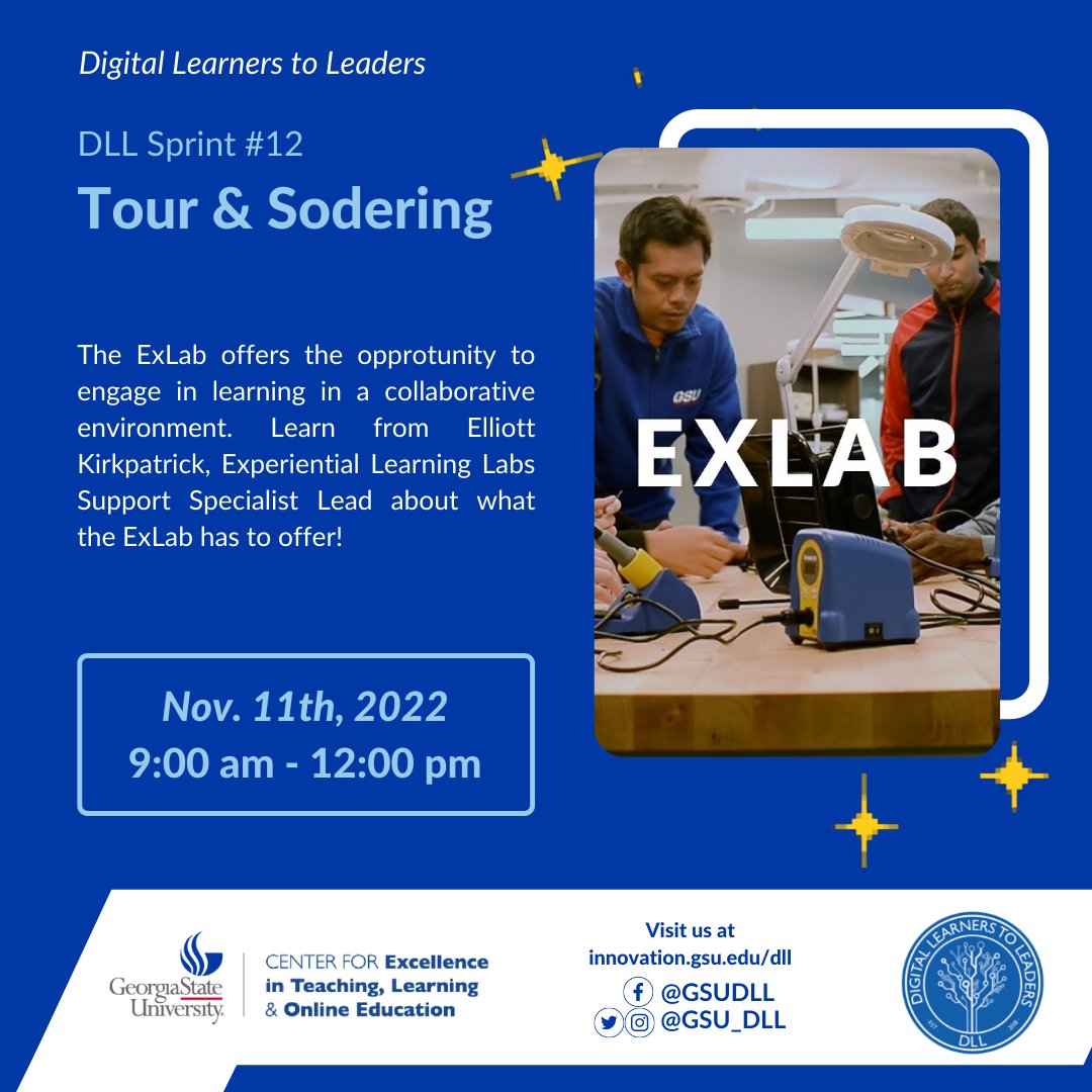 GSU_DLL's tweet photo. If you've never been to the Exlab or seen what it offers, today is the day!! Join us for Sprint 12 to learn more about the Exlab makerspace!

Visit https://t.co/1gnuabyTP4 for more info

#gsu #atlanta #georgiastateuniversity #dll #thestateway #ourcity https://t.co/dkpUkQ0QWF