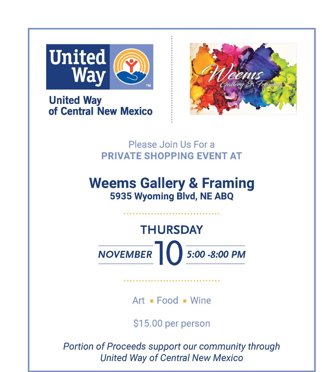 TOMORROW! Start that holiday shopping early &amp; join us in partnership with Weems Gallery and Framing from 5 pm  to 9 pm for a personal shopping experience!  There will be door prizes &amp;  light refreshments. Purchase tickets➡️ give.uwcnm.org/weems

#uwcnm #weemsgalleryandframing