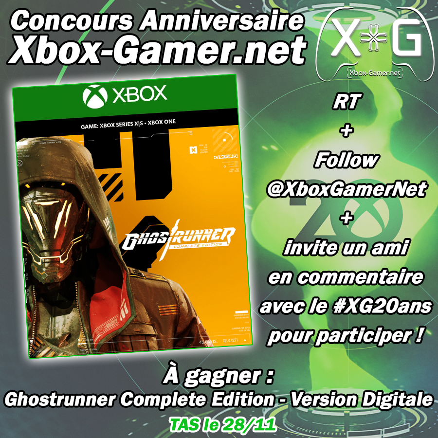 XboxGamerNet's tweet photo. Parce qu'il y a des jeux excellents qui méritent plus de visibilité, nous mettons en jeu une version numérique #Xbox de la Complete Edition du #Ghostrunner de @505GamesFR 
Pour participer :
➡️RT + Follow @XboxGamerNet
➡️Invite un ami en comm avec #XG20ans
TAS le 28/11 après 23h59 https://t.co/908AwlrFcu