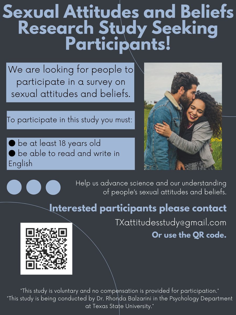 New study alert!! If you have a few mins, please consider participating in thesis research for one of my students. This study involves answering questions about your sexual attitudes and beliefs. For more details, see: txstate.co1.qualtrics.com/.../SV_1UkFytc…