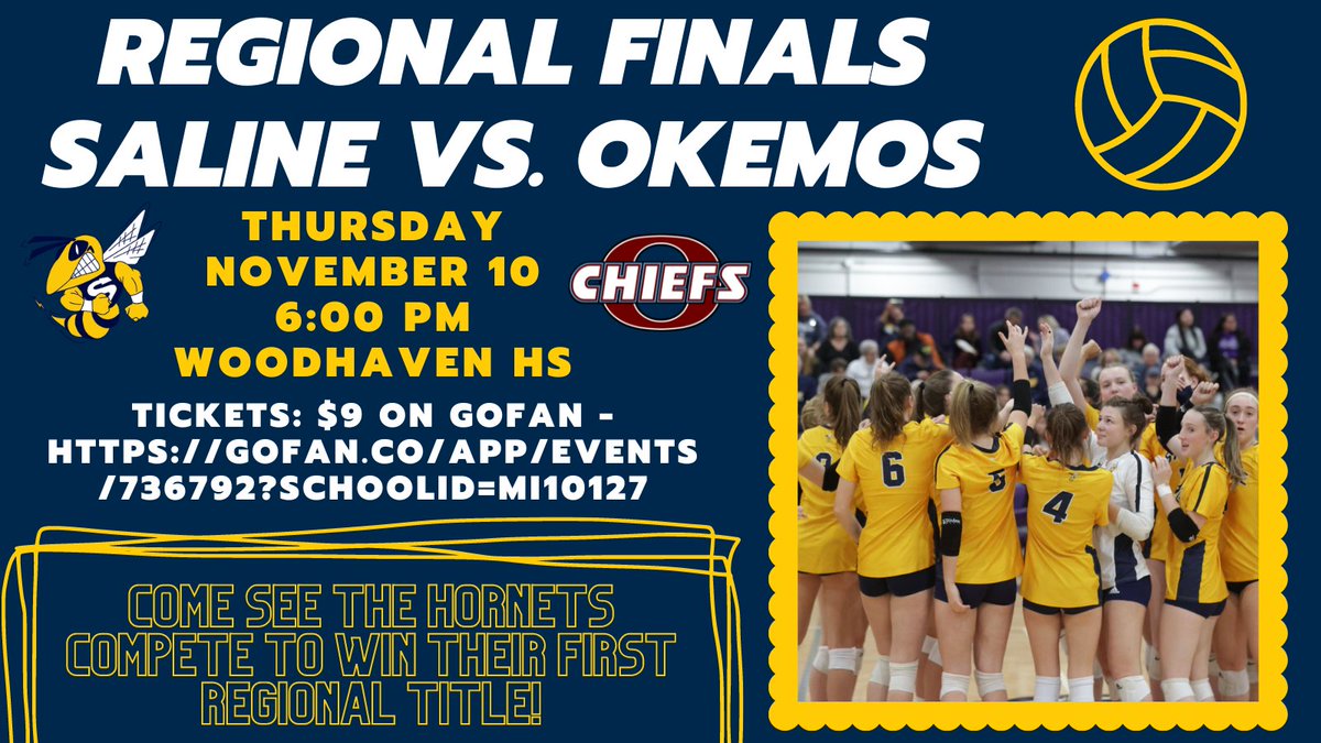 So excited to see <a href="/SALINEVB22/">SALINE VOLLEYBALL</a> in action against Okemos tomorrow night! We need <a href="/Nation_Hornets/">HORNET NATION STUDENT SECTION</a> to come out strong!