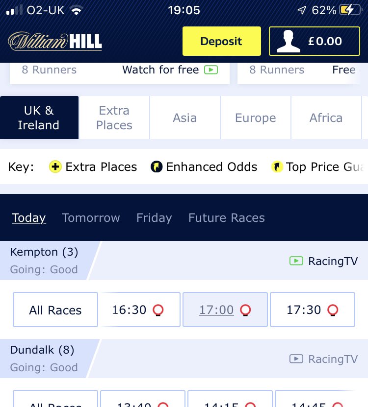 teggs29's tweet photo. @WilliamHill No it’s still not available. Only shows the first three races https://t.co/HbG1VNqA46