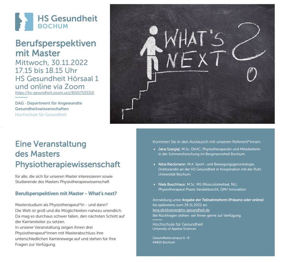 Physiotherapeut:in mit Masterabschluss
What's next? - Am 30.11. geht es um
Berufsperspektiven, Karrierewege und welche Potentiale ein Master in der Physiotherapie bietet @hsgesundheit
<a href="/DG_PTW/">DGPTW</a> #physiotherapy
#physiotherapiewissenschaft