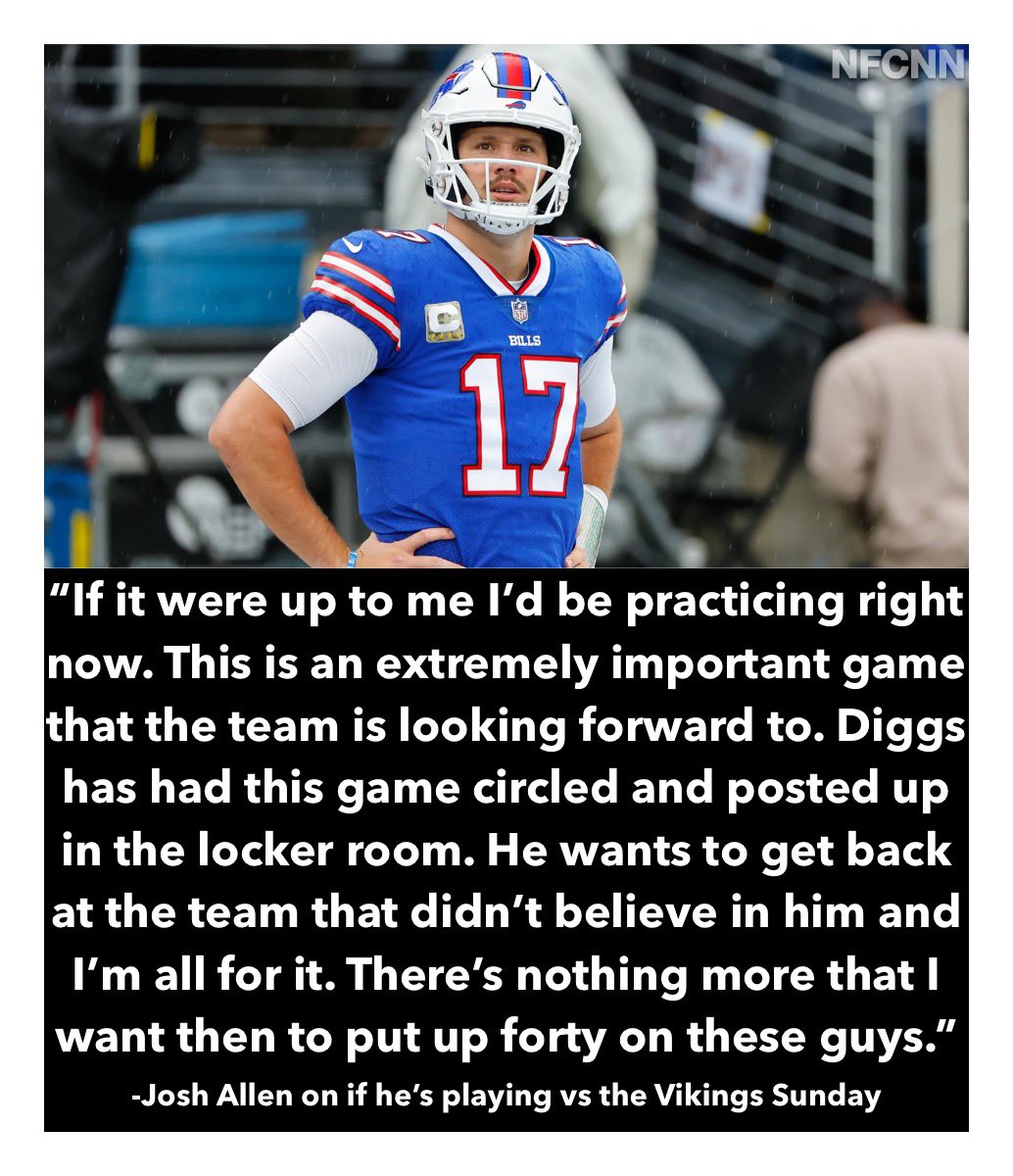 NFCNorthNewss's tweet image. WOW🤯

#Bills QB Josh Allen is taking shots at the Minnesota #Vikings 😳

Who do you got in this matchup?🤔