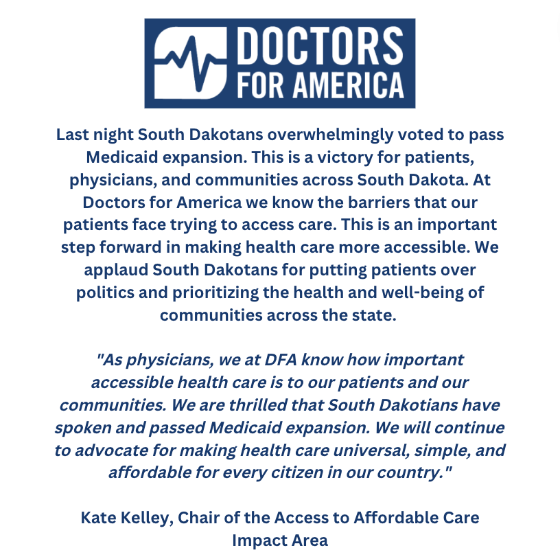 Yesterday, South Dakotans overwhelmingly voted to expand Medicaid - an important step forward for making health care more accessible. Our statement below. #MedicaidExpansion
