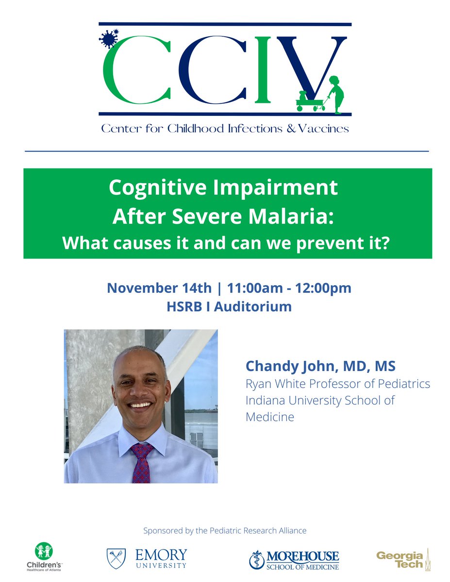 Join @emorychoa_CCIV this Monday (11/14) at 11A EST for a Special Seminar! @ChandyJohnLab (Indiana University) will discuss his work on cognitive impairment after severe malaria. RSVP: emorymedicine.sjc1.qualtrics.com/jfe/form/SV_da…