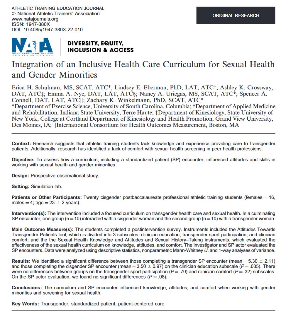 NEW PUBLICATION in <a href="/ATEJ_NATA/">Athletic Training Education Journal</a> from <a href="/UofSCExSci/">USC Dept of Exercise Science</a> faculty member <a href="/zachwinkelmann/">Zachary Winkelmann</a> with PhD student <a href="/Nancy_Uriegas/">Nancy A. Uriegas</a> and PPAT '22 alum Erica Schulman! #DEI #transgender

Co-authors <a href="/isuathltraining/">Indiana State DAT</a>, Spencer Connell (UofSC alum), @crossway54, and <a href="/EANye15/">Emma Nye</a> 

Link: meridian.allenpress.com/atej/article/1…