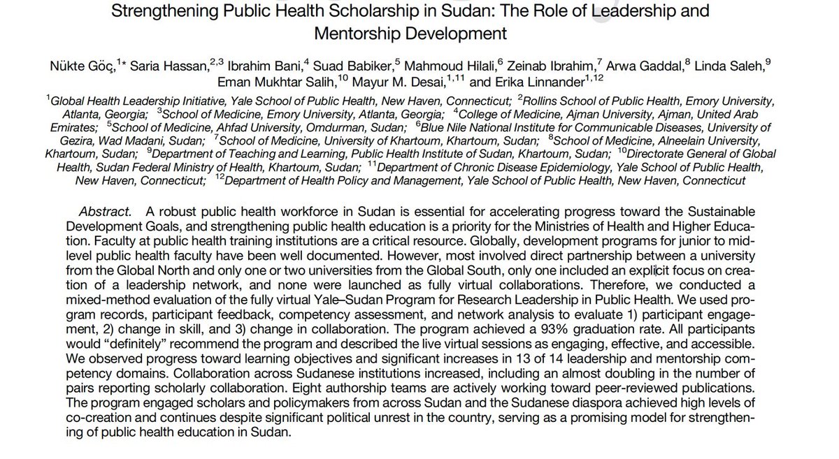 Nükte Göç, MPH (@nuktegg) on Twitter photo Excited to announce that our manuscript “Strengthening Public Health Scholarship in Sudan: The Role of Leadership and Mentorship Development” is out now! Link to the new paper is included in my Bio!
<a href="/YaleGHLI/">Yale Global Health Leadership Initiative</a> <a href="/YaleSPH/">Yale School of Public Health</a> <a href="/erikalinnander/">Erika Linnander</a> <a href="/DrSariaHassan/">Saria Hassan</a> <a href="/mayurdesai123/">Mayur Desai</a> <a href="/YaleGH/">Global Health @ Yale</a> Excited to announce that our manuscript “Strengthening Public Health Scholarship in Sudan: The Role of Leadership and Mentorship Development” is out now! Link to the new paper is included in my Bio!
<a href="/YaleGHLI/">Yale Global Health Leadership Initiative</a> <a href="/YaleSPH/">Yale School of Public Health</a> <a href="/erikalinnander/">Erika Linnander</a> <a href="/DrSariaHassan/">Saria Hassan</a> <a href="/mayurdesai123/">Mayur Desai</a> <a href="/YaleGH/">Global Health @ Yale</a>