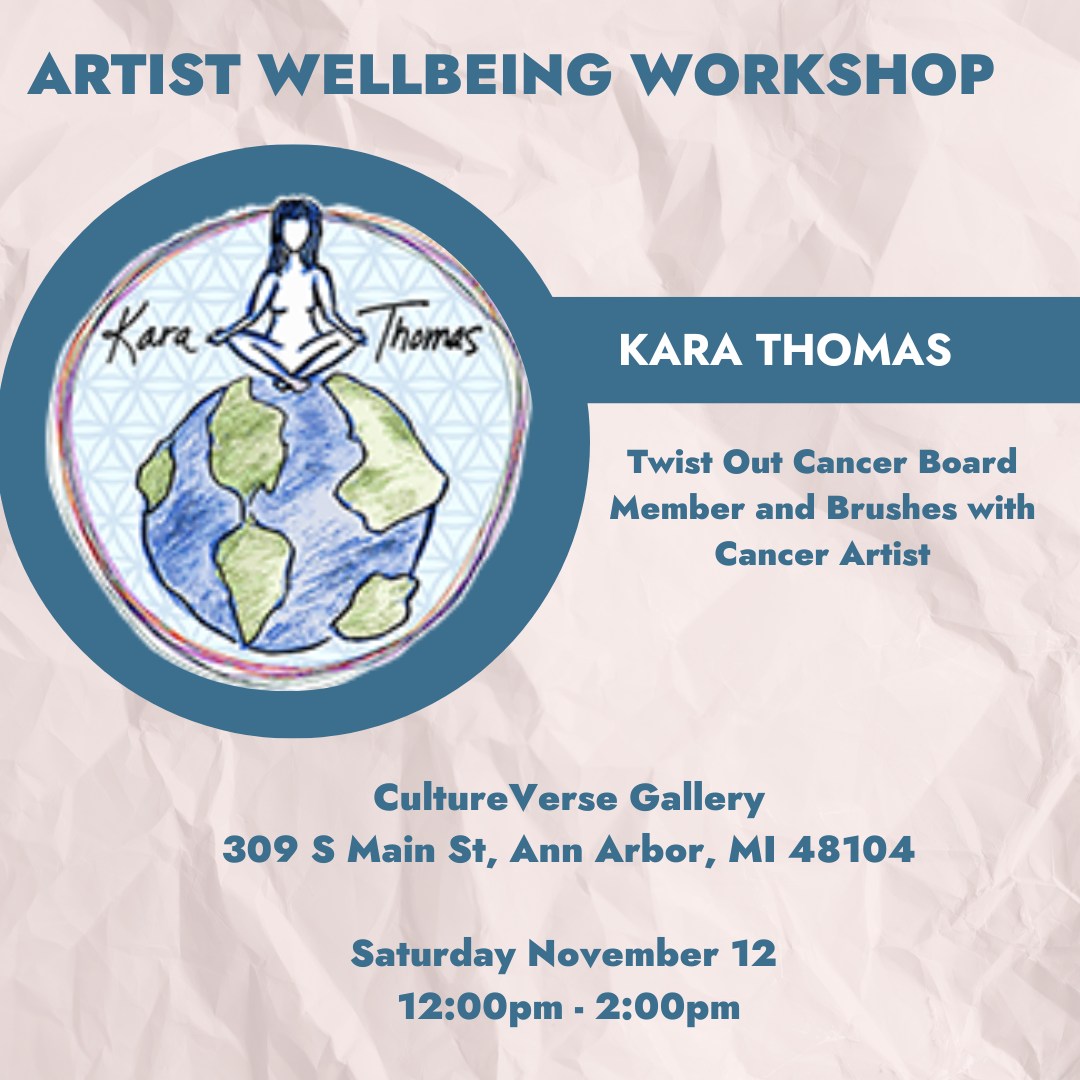 CultureVerse2's tweet photo. This Saturday, join us for an artist workshop with current #CultureVerse Gallery Artist &amp; @twistoutcancer Board Member Kara Thomas.

You do not need to be an artist to participate! This event is open to everyone. #BrushesWithCancer

https://t.co/XGlenMQoC9 https://t.co/HRBDh8coE3
