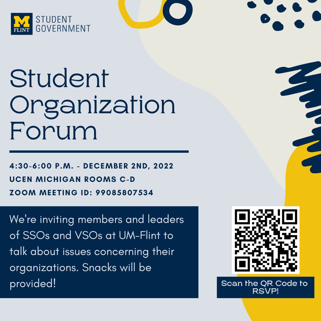 SGumflint's tweet photo. Student Government is hosting a student organization forum! Members and leaders of student orgs are encouraged to attend, voice their concerns, and brainstorm solutions regarding running their student orgs!

 #umich #sgumflint #goblue #umflint https://t.co/02hQ3m9HQu