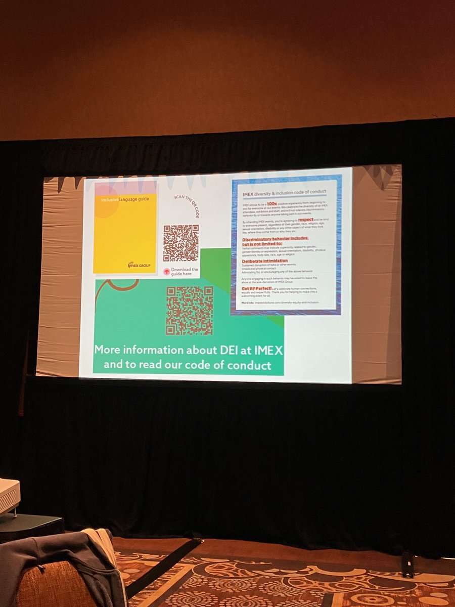 EricWallinger's tweet photo. A6: Loved seeing @IMEX_Group using QR codes to share sustainability and event equity information onsite. Here is an example of their code of conduct and inclusive language guide easily accessible across the event #MeetGreenChat https://t.co/cHUnTMyZlO