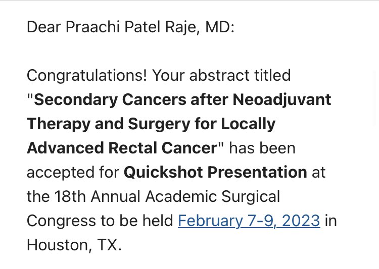 @praachiraje and I are excited to share that 2 of our abstracts got selected for Quickshot presentation at the #ASC2023! Grateful for our mentors in @MGHColoSurgery! Looking forward to meet everyone in Houston! @MGHSurgery @AcademicSurgery #SoMe4Surgery #gensurgmatch2023