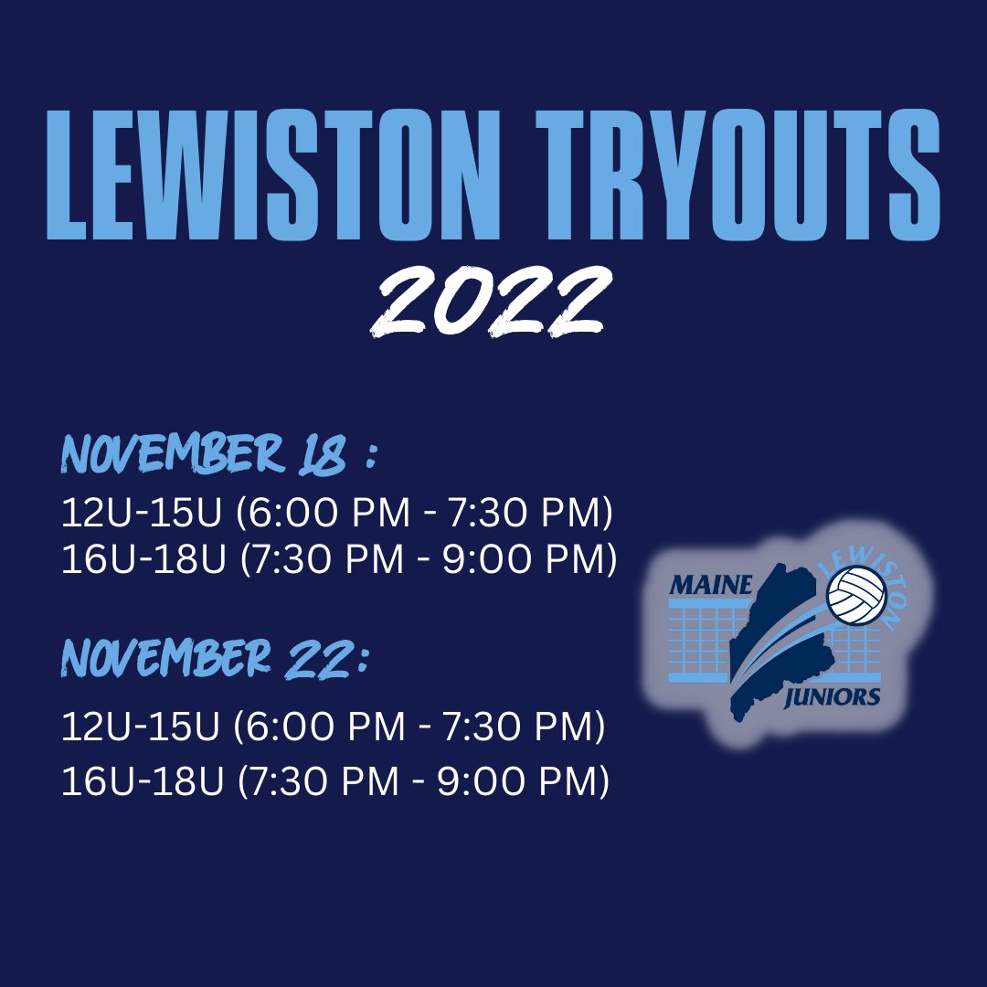 EWISTON TRYOUT UPDATE: Lewiston Tryouts start on November 18th!

Register today using the link in our bio! #mainejuniorsvb #tryouts