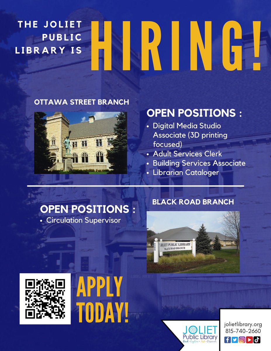 Are you looking for a new career opportunity? You're in luck -- the Joliet Public Library is hiring! There are open positions at both branches. Join our team today! #jolietlibrary #joliet #hiring Scan the QR code or use the link to apply now: jolietlibrary.org/en/about-us/em…