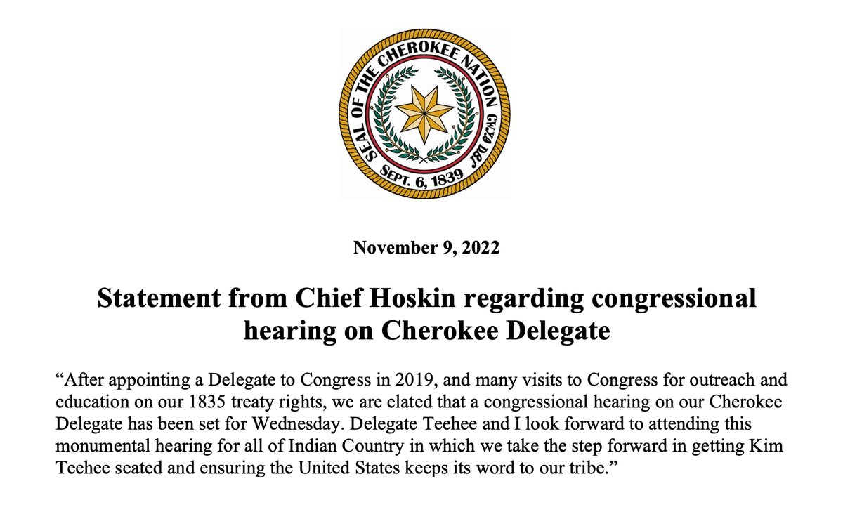 Cherokee Nation Principal Chief <a href="/ChuckHoskin_Jr/">Chief Chuck Hoskin, Jr.</a>  issues a statement regarding next week's congressional hearing on the efforts to seat our Cherokee Delegate to Congress:

#SeatKimTeehee #CherokeeDelegate