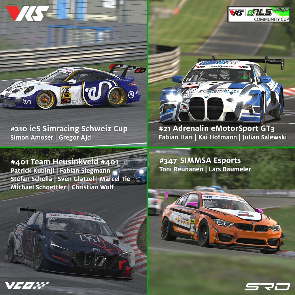 +++ VRS | DNLS Community Cup 2022 +++
🏁 Siegerehrung | Klassenwertung
➡ SP9 - Class
Adrenalin eMotorSport GT3

➡ CUP2 - Class
ieS Simracing Schweiz Cup

➡ SP10 - Class
SIMMSA Esports

➡ SP3T - Class
Team Heusinkveld #401