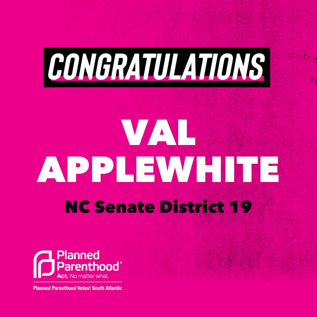 PPSATNC's tweet photo. VICTORY! Congratulations to @VApplewhite1 for being elected to Senate District 19! We can’t wait to see what you accomplish. https://t.co/6NXJoPC4em