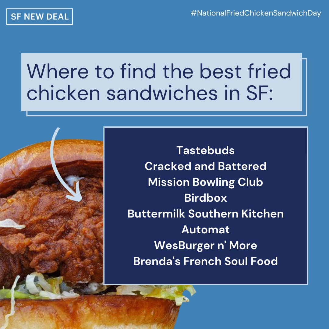 🔥 Hot topic alert! 🔥

It’s #NationalFriedChickenSandwichDay but we never need a reason to enjoy delicious fried chicken sandwiches while supporting neighborhood businesses, do we? 😜

#SFNewDeal #NationalFriedChickenSandwichDay