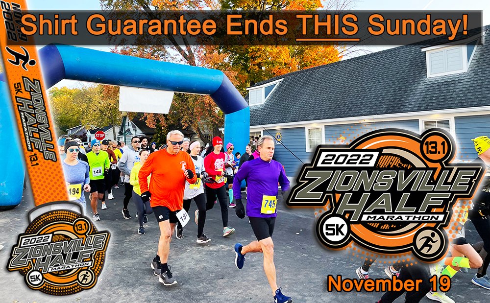 The Zionsville Half-Marathon &amp; 5k is Nov. 19, but prices JUMP after Sunday! The shirt guarantee cut-off is also this Sunday!

This event offers finisher medals and gorgeous courses with slightly rolling hills - perfect for your PR!

Signup NOW at TuxBro.com