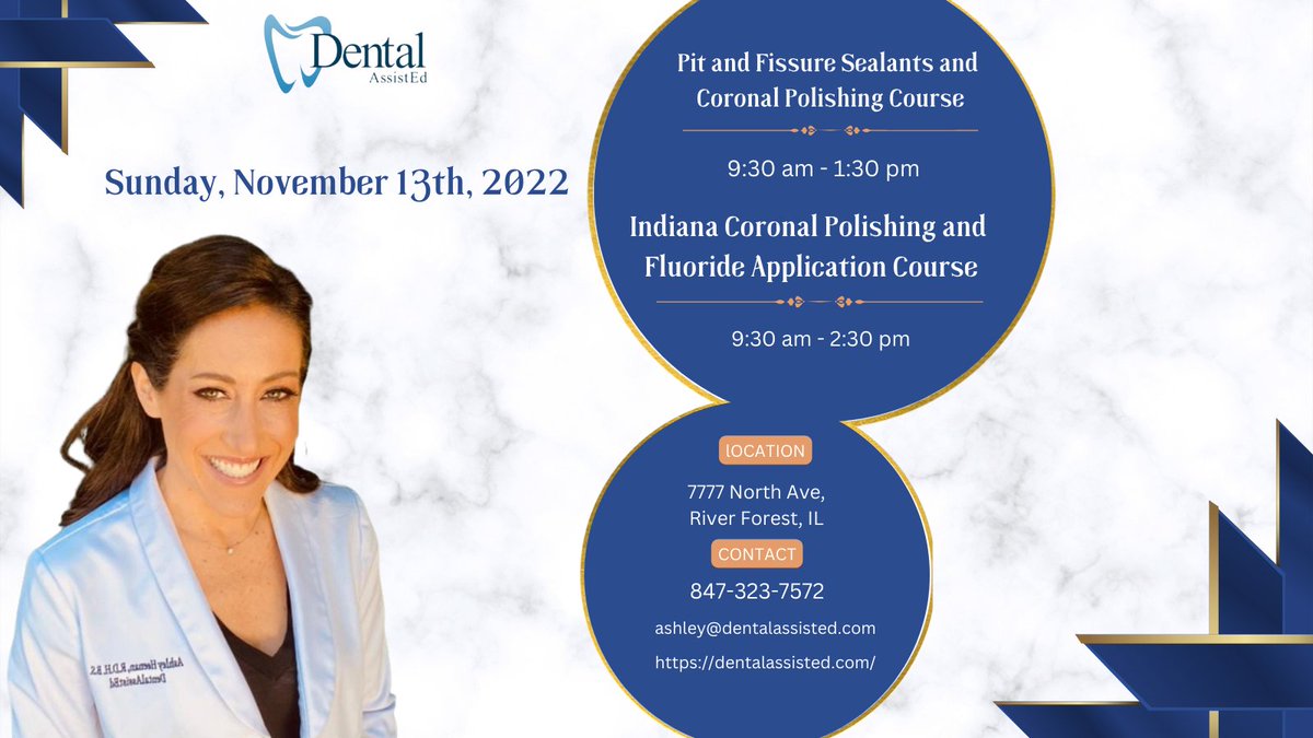 dentalassisted's tweet photo. Happy Wednesday!

Upcoming event date:
Sunday, November 13th, 2022

9:30 am - 1:30 pm
9:30 am - 2:30 pm

🎯 Fluoride Application
🎯 Pit &amp; Fissure Sealants
🎯 Coronal Polishing Course

📲 847-323-7572

#dentalassistant
#indiana #dental
#coronalpolishing
#fluoride #dentist
#chicago https://t.co/ye4b56aLav