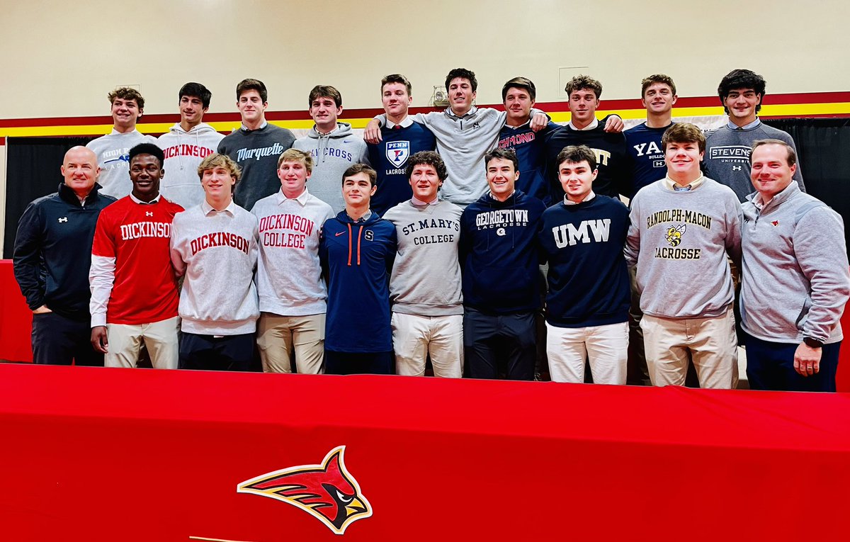 CalvertHallLax's tweet photo. Congrats to the Cardinal Sr's signing Today. We are so proud of all of you! @HoyasMLacrosse @PennMensLax @CuseMLAX @YaleLacrosse @SpiderMLAX @Bryant_MLax @MarquetteMLax @HPUMensLax @HCrossMLAX @NavyMLax @DickinsonLax @StevensonLax @SMCMLacrosse Randolph-Macon, Mary Washington https://t.co/JoHui047xp