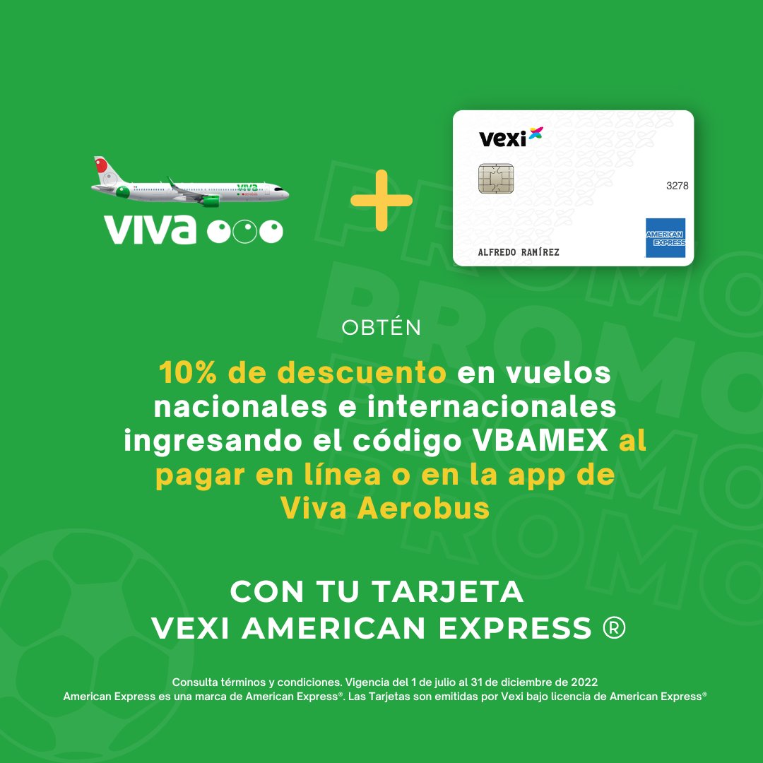 veximx's tweet photo. Utiliza el código de descuento y tu Tarjeta Vexi American Express® para hacer #Multiposible el viajecito. ✈️🥰

Conoce todos los detalles: https://t.co/0hs80O3HNh

👀 #TipViajero: Si compras tus boletos con anticipación, MÁS económicos saldrán. 👌🏽👌🏽

#MSI https://t.co/u12DM5NzNS