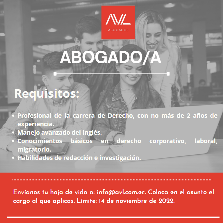 AVL 🟥 | ¿Quieres unirte a nuestro equipo legal? Estamos en la búsqueda de un profesional del Derecho, para trabajar en Quito.

🔎 Revisa los requisitos ⬇

#OfertaLaboral #Quito #Ecuador #Abogados #Empleo #RecursosHumanos #Derecho
#SíHayTrabajo