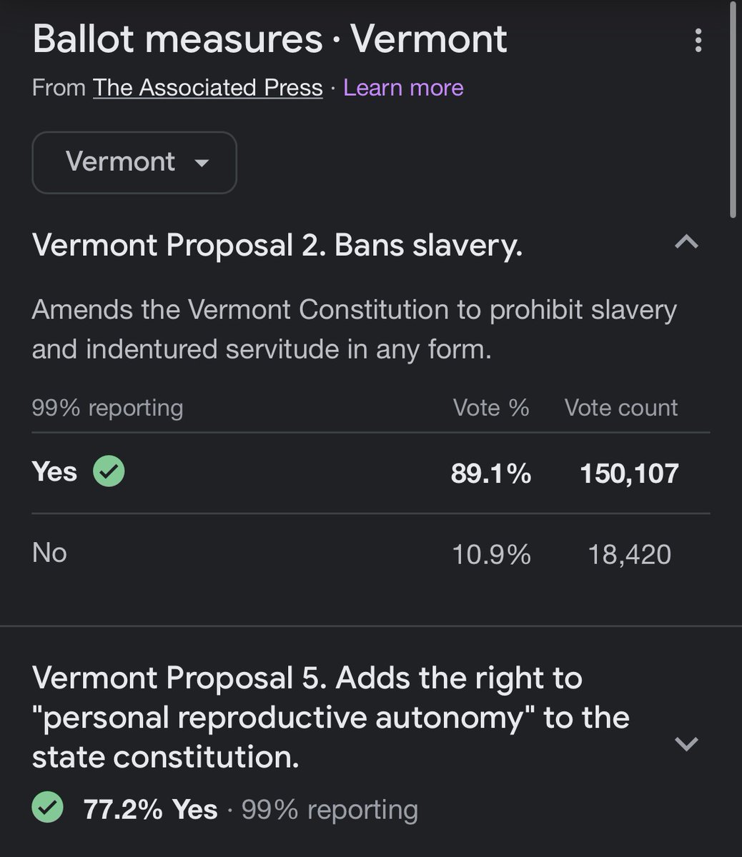 Happy that Vermont voted to protect individual reproductive rights during the #Midterms2022 but 18,420 people want to keep slavery as an option? 😳