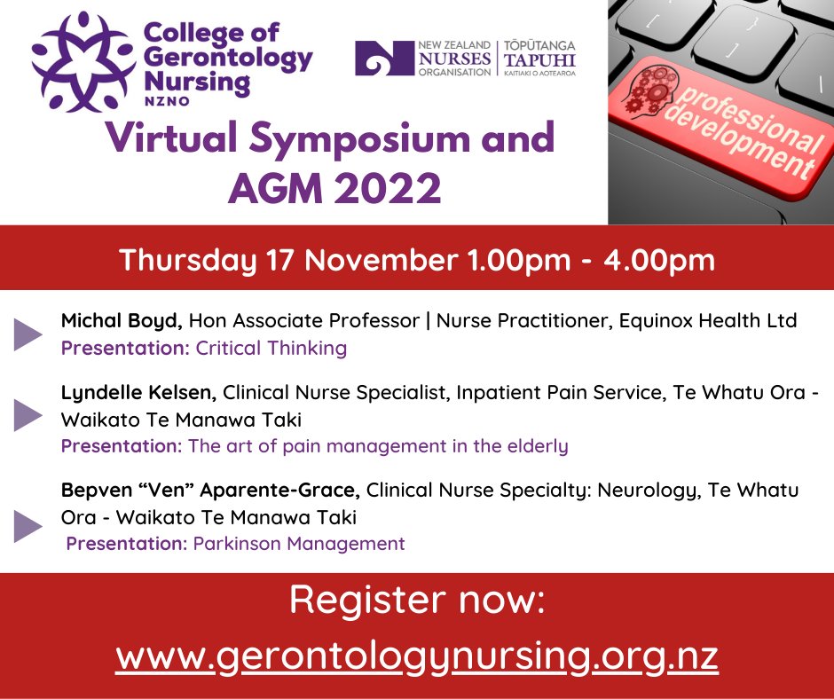 Are you looking for more Professional Development hours?

Only 7 days to go...

You can still book in to our Virtual Symposium and AGM 2022
We have great speakers line up for the afternoon.

To register, please go to gerontologynursing.org.nz