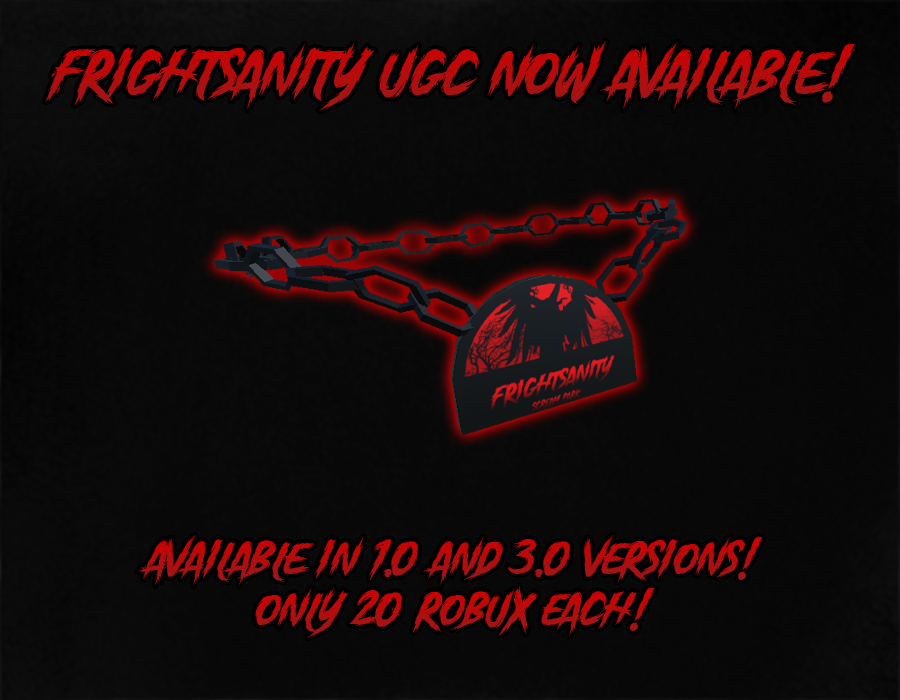 Frightsanity's tweet photo. Check out our new UGC chains! Available for only 20 robux in both 1.0 &amp; 3.0 versions, you can find these in the group and ingame in the merch shop.

#Roblox #RobloxDev #RobloxUGC https://t.co/upIVGlqyJE