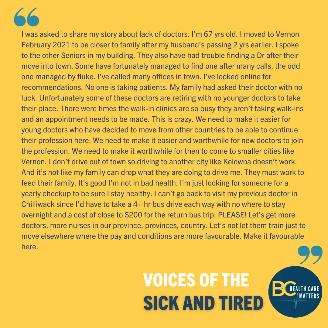 BC_GP_Shortage's tweet photo. Voices of the sick and tired. Residents of BC are sharing their stories and struggles dealing with the health care crisis and lack of family doctors in the province.
#VoicesOfTheSickAndTired #BCHealthCareMatters #BCHealthCareCrisis #GPShortage #EveryoneDeservesAFamilyDoctor https://t.co/cp0k88RKcT