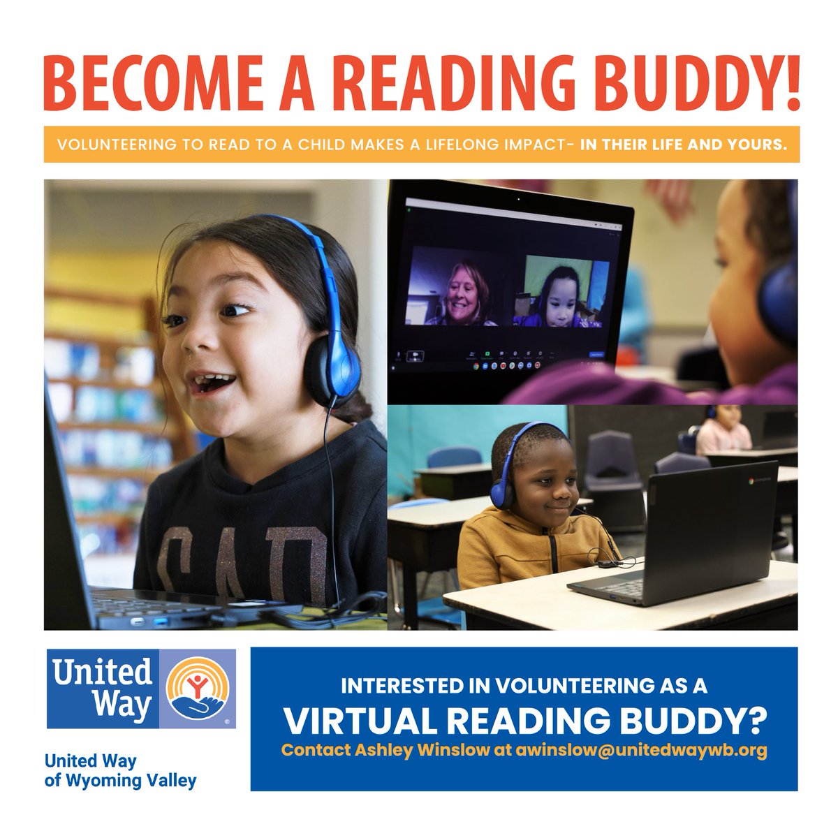 UnitedWayWB's tweet photo. Looking to make a difference in a child's life? Join United Way of Wyoming Valley’s Virtual Reading Buddies program! 📖

Volunteers will be connected virtually with a first-grade child to help with reading.

Interested? Email Ashley Winslow at awinslow@unitedwaywb.org. https://t.co/VcVfCkcyXl