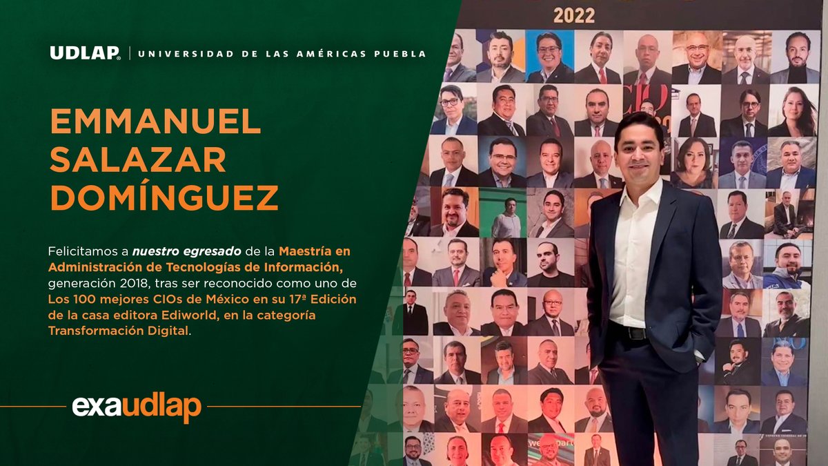Egresados_UDLAP's tweet photo. Felicitamos a nuestro #exaUDLAP Emmanuel Salazar de maestría en Admón. de Tecnologías de Información, generación 2018, tras ser reconocido como uno de Los 100 mejores CIOs de México por casa editora Ediworld.

#TalentoUDLAP #OrgulloUDLAP @udlap https://t.co/ZcnLko7guV