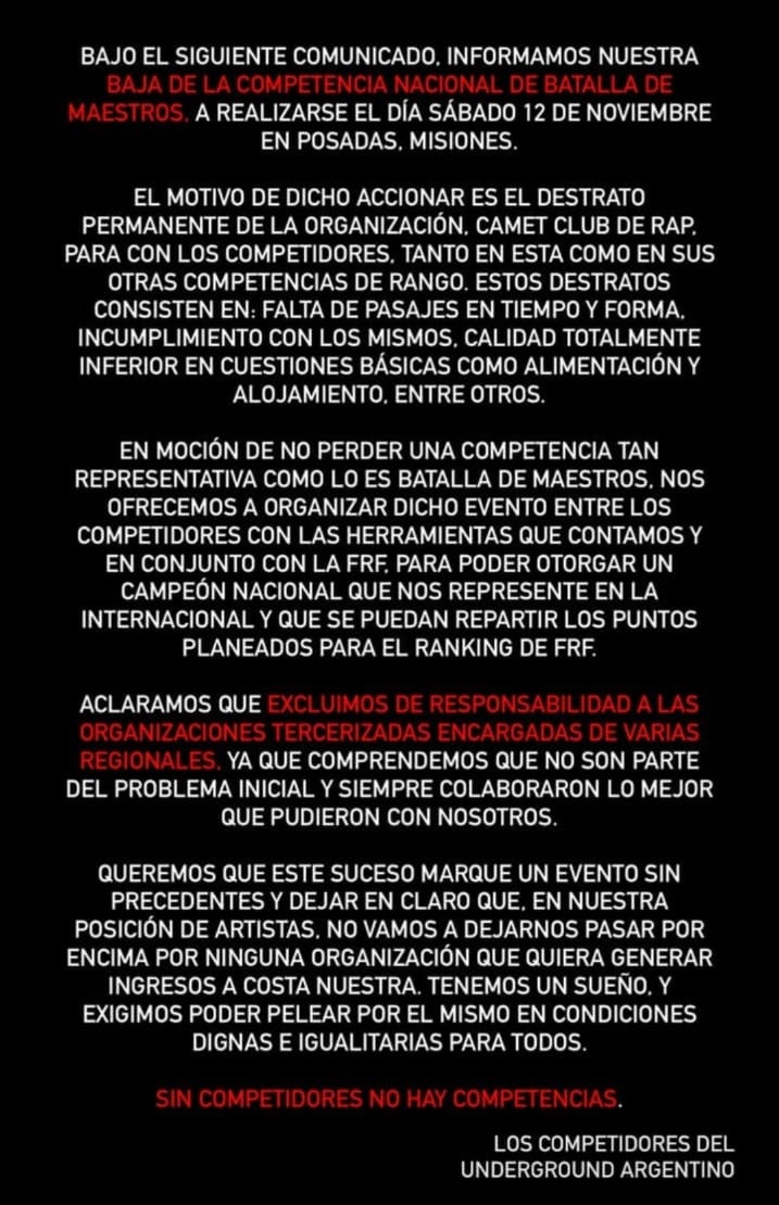 InfoFreestyle2's tweet photo. ¡Sin competidores no hay competencia! 🔽

Los 24 participantes de BDM Argentina 🇦🇷 decidieron no participar de la Final Nacional. 

Esto se debe a los malos trato de la organización hacia los freestylers. https://t.co/pkbOqD3BPA