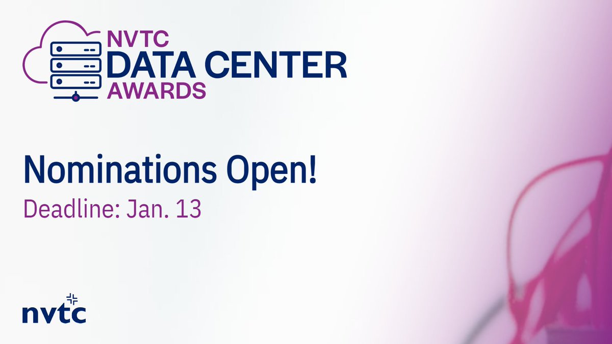 NoVATechCouncil's tweet image. Submit your nominations for all eight award categories highlighted in this year’s #NVTC’s Data Center Awards! These annual awards honor innovative Virginia #DataCenters and individuals who have championed industry growth. Enter by Jan. 13th: nvtc.org/NVTC/Events/Ev…